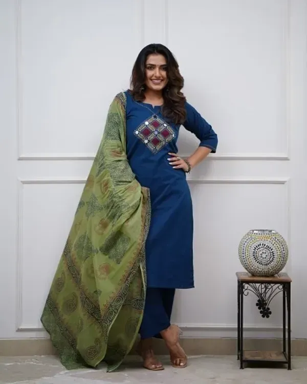 Royal_Blue_Cotton_Kurti_Pant_With_Dupatta_Set_For_Women