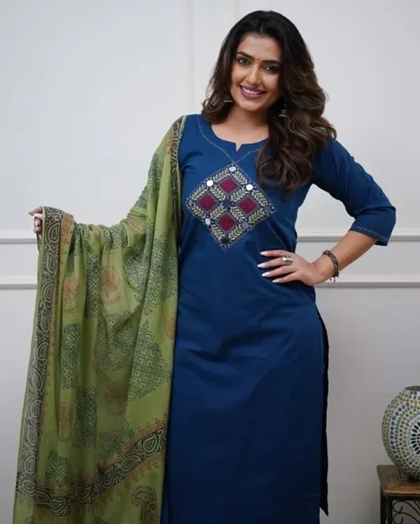 Royal_Blue_Cotton_Kurti_Pant_With_Dupatta_Set_For_Women