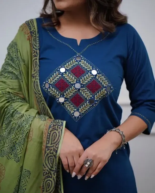 Royal_Blue_Cotton_Kurti_Pant_With_Dupatta_Set_For_Women