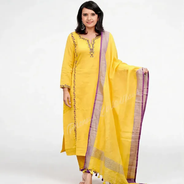 Yellow_Khadi_Cotton_Embroidered_Kurti_Pant_With_Dupatta_For_Women