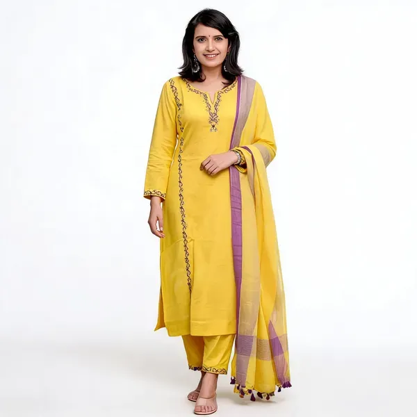Yellow_Khadi_Cotton_Embroidered_Kurti_Pant_With_Dupatta_For_Women
