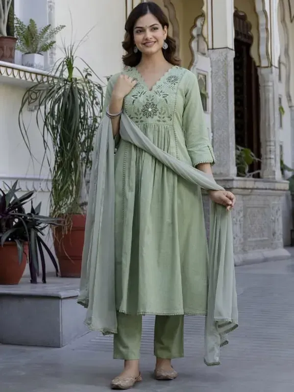 Green_Cotton_Floral_Yoke_A_Line_Kurta_Pant_Dupatta_Set_For_Women