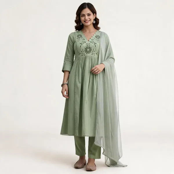 Green_Cotton_Floral_Yoke_A_Line_Kurta_Pant_Dupatta_Set_For_Women
