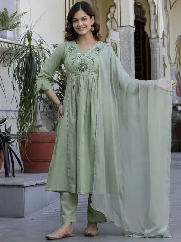 Green_Cotton_Floral_Yoke_A_Line_Kurta_Pant_Dupatta_Set_For_Women