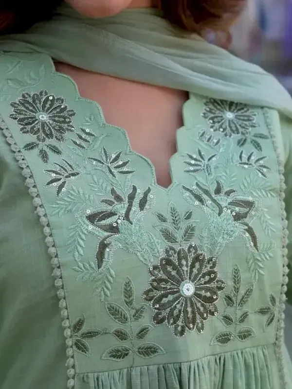 Green_Cotton_Floral_Yoke_A_Line_Kurta_Pant_Dupatta_Set_For_Women