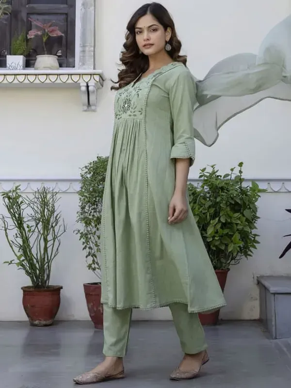 Green_Cotton_Floral_Yoke_A_Line_Kurta_Pant_Dupatta_Set_For_Women