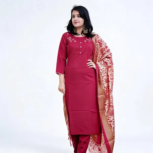 Maroon_Khadi_Cotton_Embroidered_Kurti_Set_For_Women