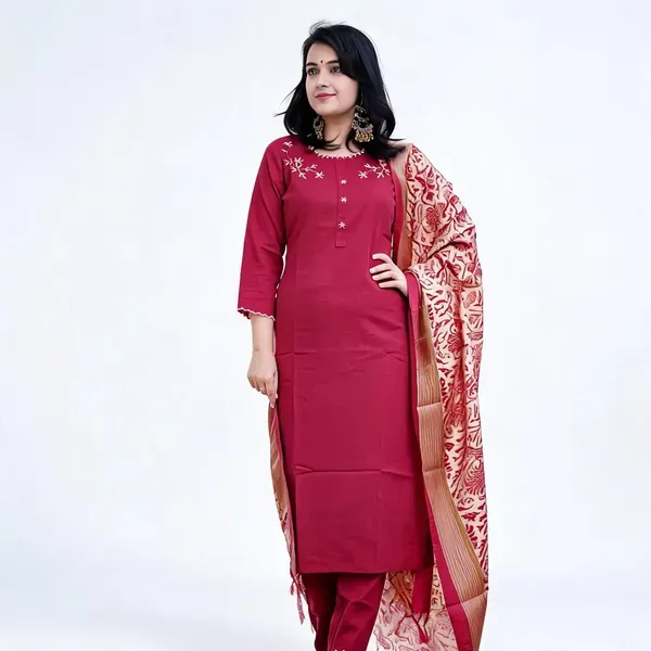 Maroon_Khadi_Cotton_Embroidered_Kurti_Set_For_Women