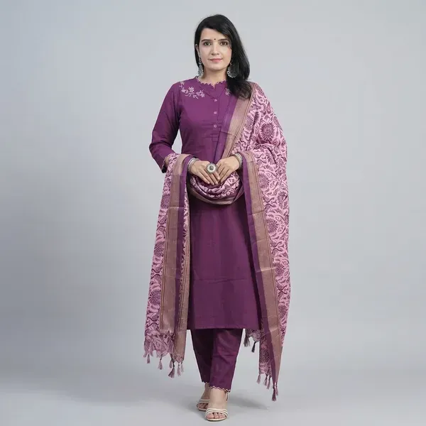 Purple_Cotton_Slub_Handloom_Straight_Kurta_Pant_Dupatta_Set_For_Women