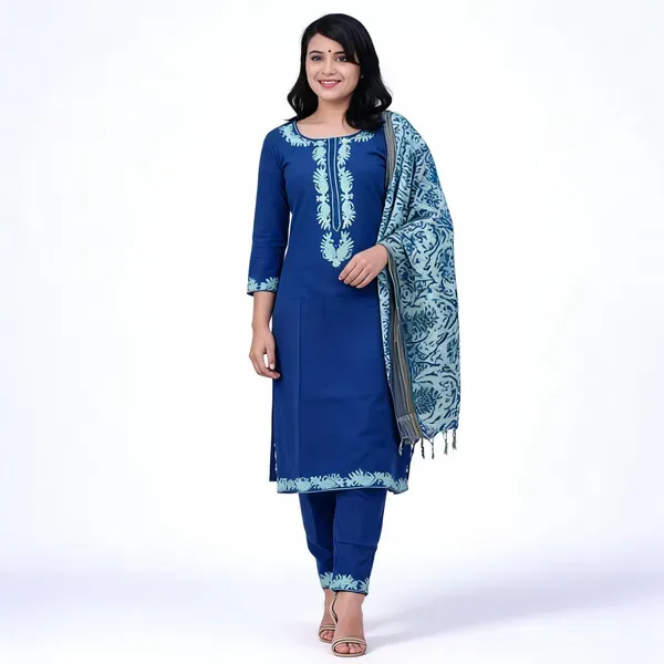 Blue_Handloom_Cotton_Embroidered_Kurti_Pant_With_Dupatta_For_Women