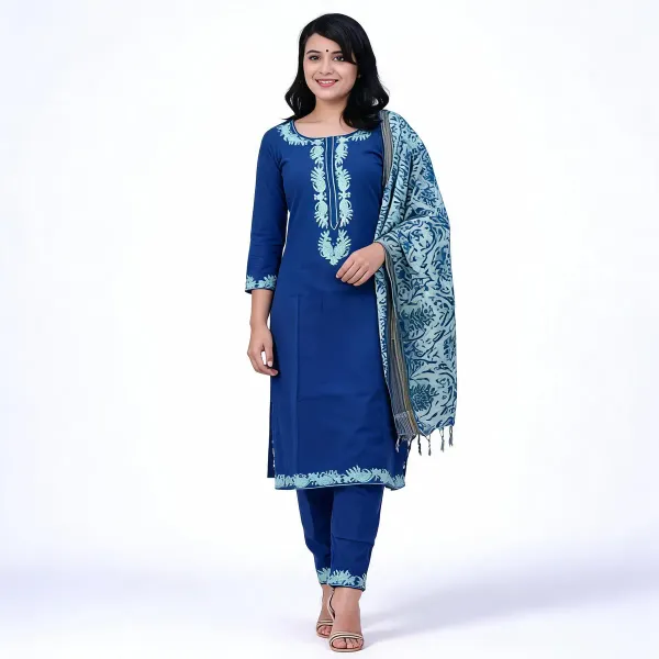 Blue_Handloom_Cotton_Embroidered_Kurti_Pant_With_Dupatta_For_Women