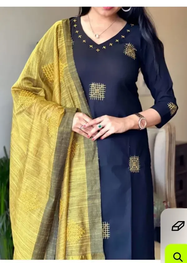 Black_Cotton_Embroidered_Kurti_Pant_With_Dupatta_For_Women