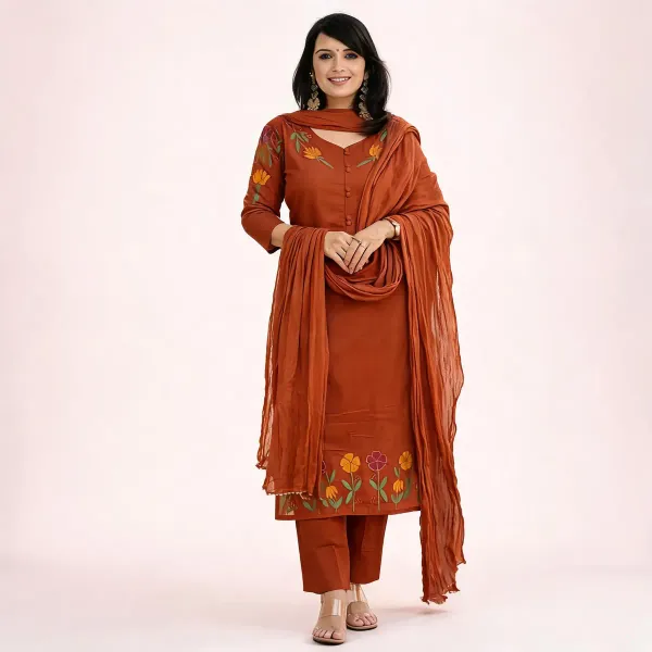 Maroon_Cotton_Handloom_Straight_Kurti_Pant_Dupatta_Set_For_Women