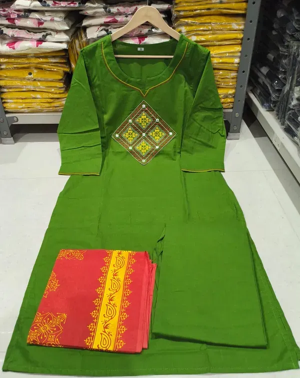 Cotton_Green_Kurti_Pant_With_Dupta_Ponam