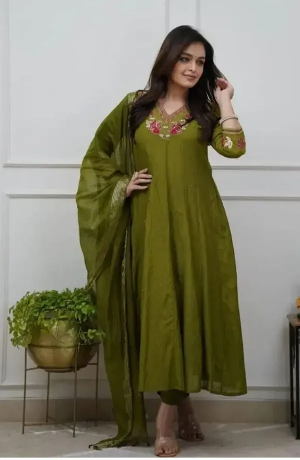 Green_Cotton_Anarkali_Kurti_Pant_With_Dupatta_Set_For_Women