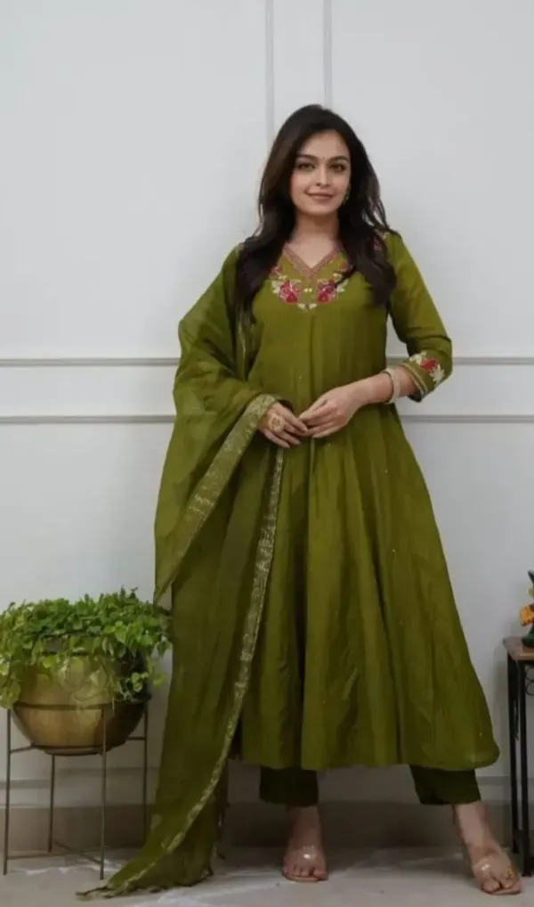 Green_Cotton_Anarkali_Kurti_Pant_With_Dupatta_Set_For_Women