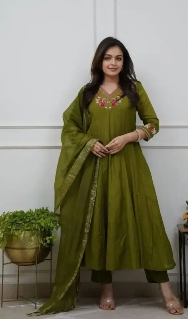 Green_Cotton_Anarkali_Kurti_Pant_With_Dupatta_Set_For_Women