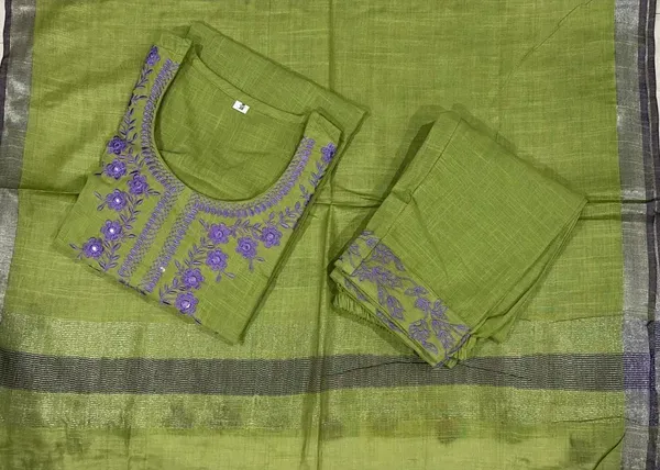 Green_Handloom_Cotton_V_Neck_Kurti_Set_For_Women