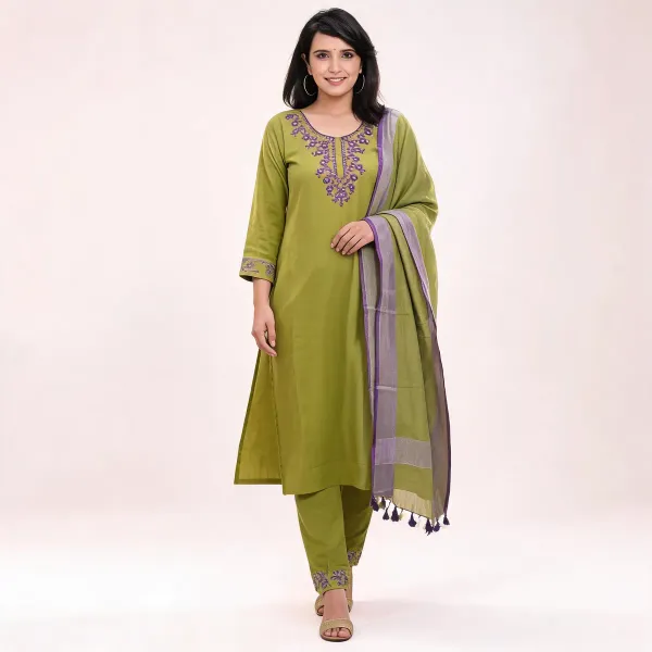 Green_Handloom_Cotton_V_Neck_Kurti_Set_For_Women