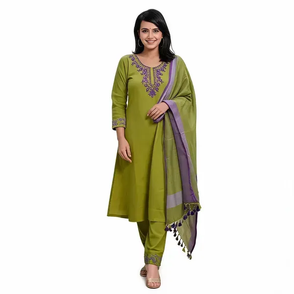 Green_Handloom_Cotton_V_Neck_Kurti_Set_For_Women