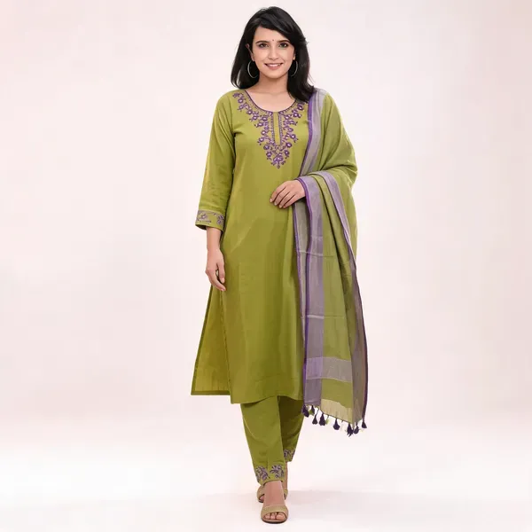Green_Handloom_Cotton_V_Neck_Kurti_Set_For_Women