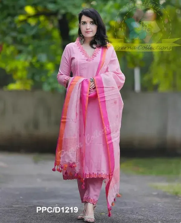 Pink_Handloom_Cotton_Embroidered_Kurti_Pant_Dupatta_Set_For_Women