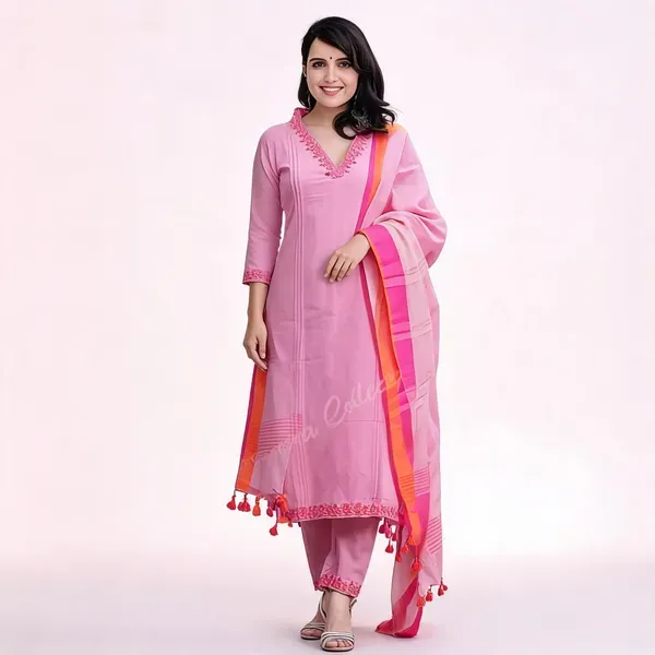 Pink_Handloom_Cotton_Embroidered_Kurti_Pant_Dupatta_Set_For_Women