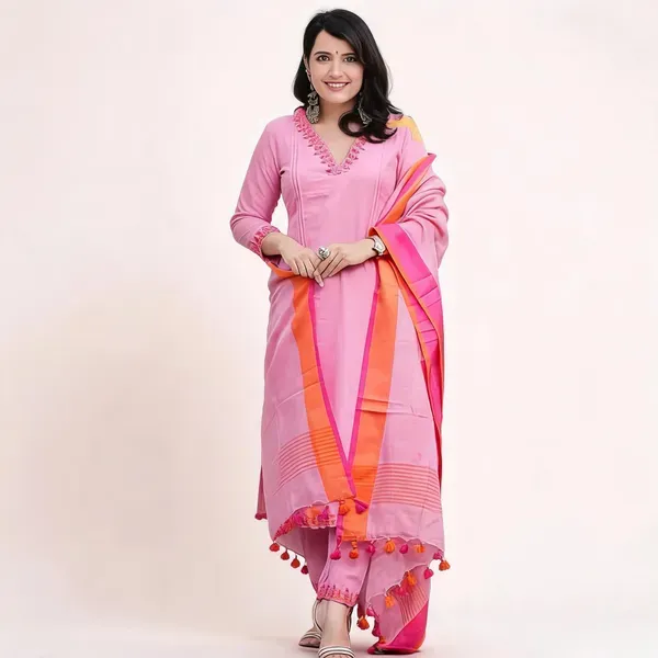 Pink_Handloom_Cotton_Embroidered_Kurti_Pant_Dupatta_Set_For_Women