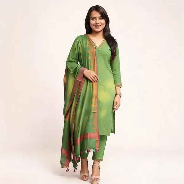 Green_Khadi_Cotton_Cross_Stitch_Embroidered_Kurti_Pant_Dupatta_Set_For_Wome