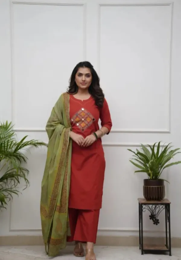 Cotton_Kurti_Pant_With_Dupta_Mustard_Ponam