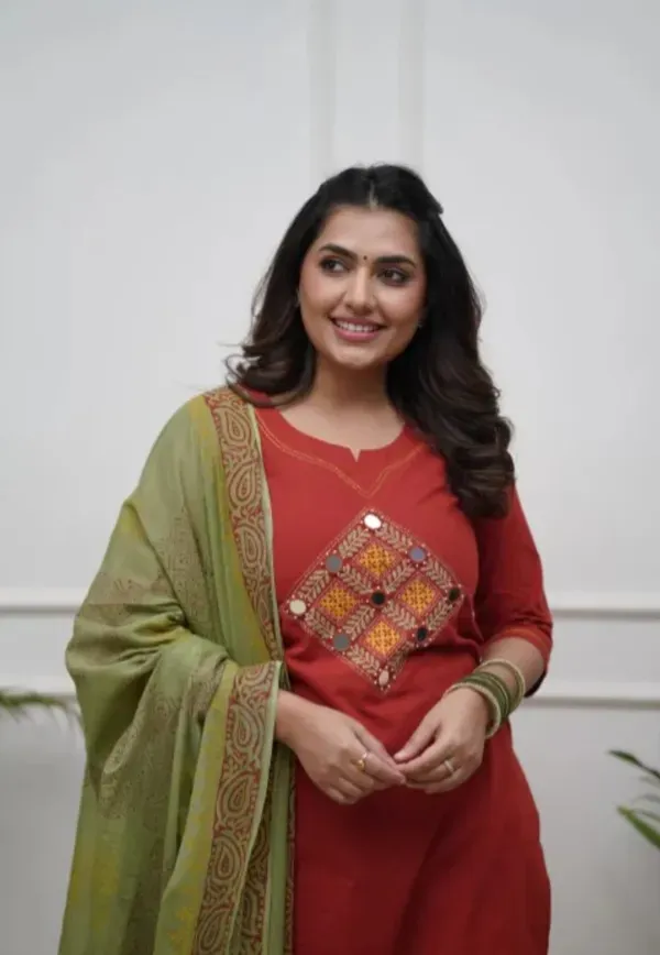 Cotton_Kurti_Pant_With_Dupta_Mustard_Ponam