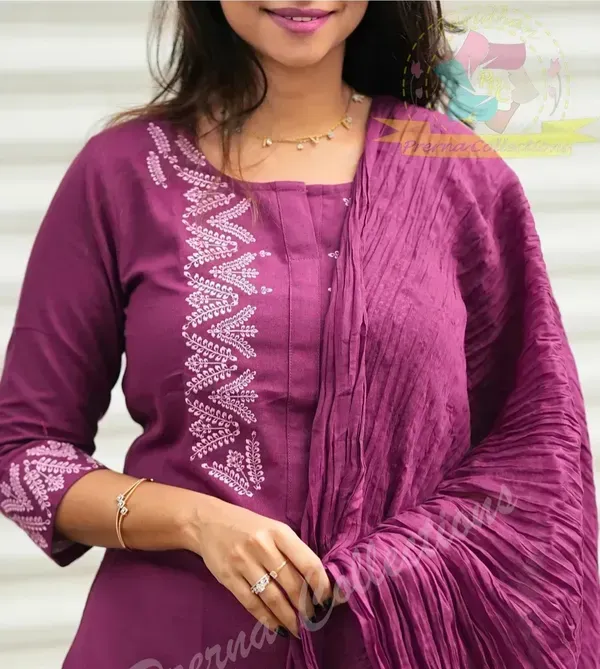Wine_Khadi_Cotton_Embroidered_Kurti_Pant_With_Dupatta_For_Women