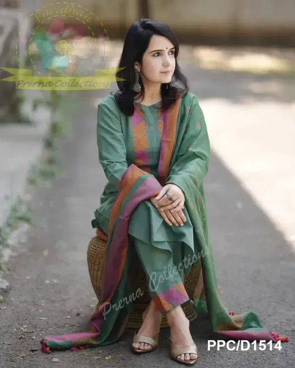Green_Khadi_Cotton_Embroidered_Kurti_Pant_With_Dupatta_For_Women
