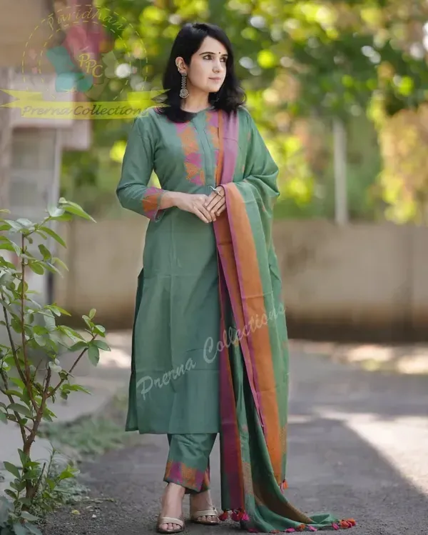 Green_Khadi_Cotton_Embroidered_Kurti_Pant_With_Dupatta_For_Women