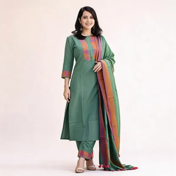 Green_Khadi_Cotton_Embroidered_Kurti_Pant_With_Dupatta_For_Women