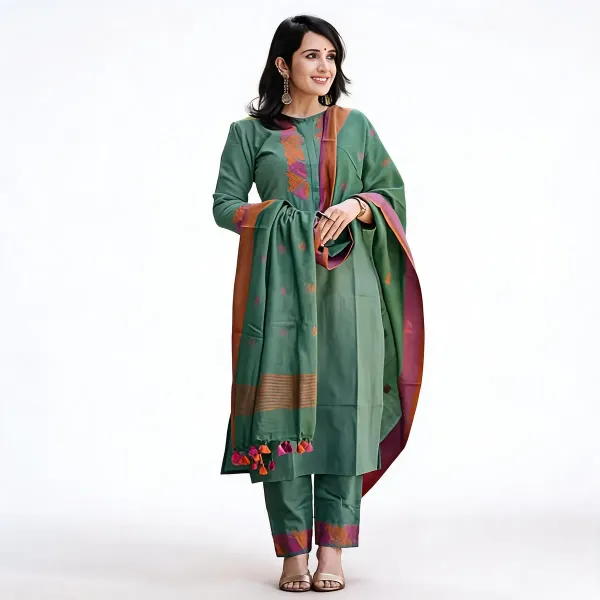 Green_Khadi_Cotton_Embroidered_Kurti_Pant_With_Dupatta_For_Women