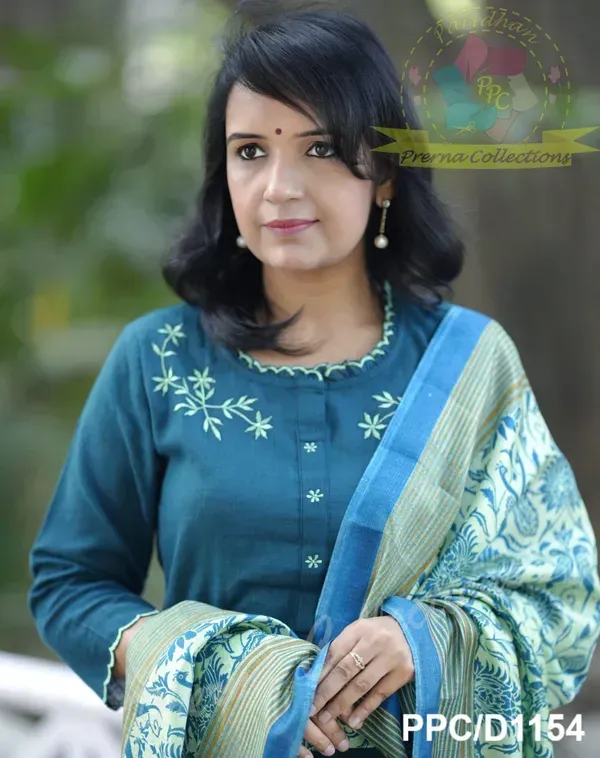 Blue_Khadi_Cotton_Embroidered_Kurti_Pant_Dupatta_Set_For_Women