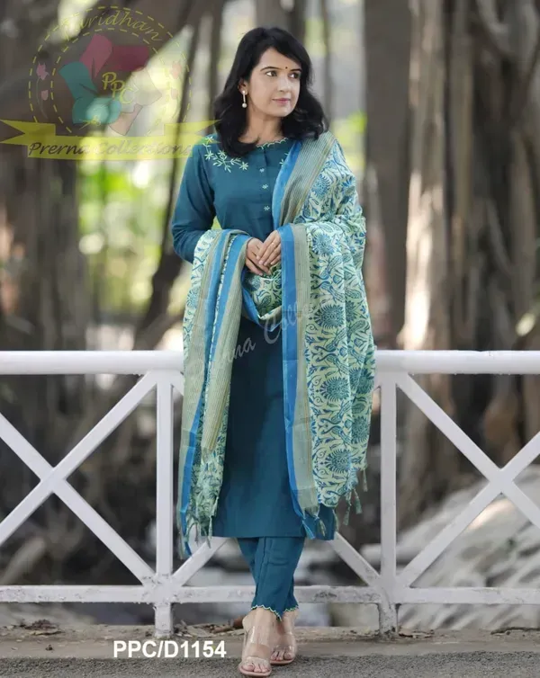 Blue_Khadi_Cotton_Embroidered_Kurti_Pant_Dupatta_Set_For_Women
