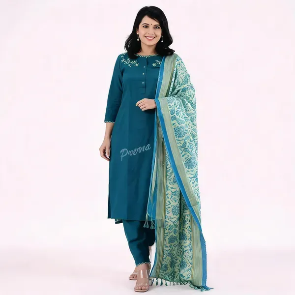 Blue_Khadi_Cotton_Embroidered_Kurti_Pant_Dupatta_Set_For_Women