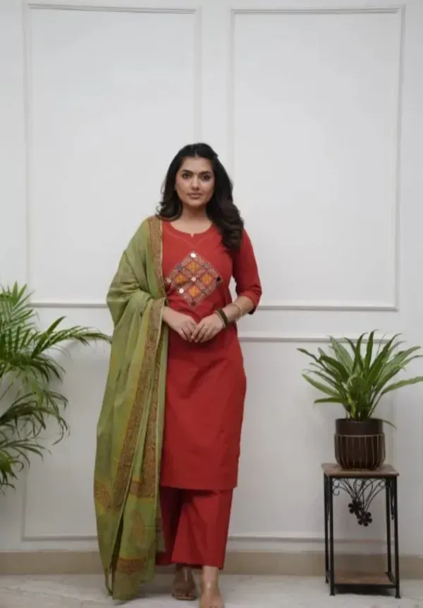 Mustard_Cotton_Embroidered_Kurti_Pant_With_Dupatta_For_Women