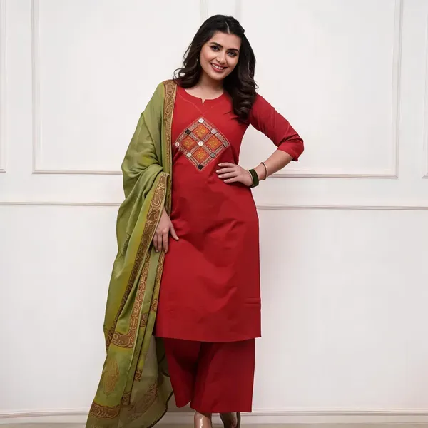 Mustard_Cotton_Embroidered_Kurti_Pant_With_Dupatta_For_Women