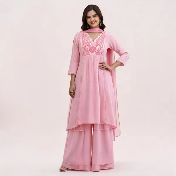 Pink_Cotton_Floral_Yoke_A_Line_Kurta_Pant_Dupatta_Set_For_Women