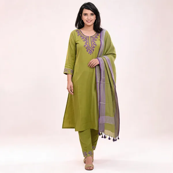 Green_Handloom_Cotton_V-Neck_Kurti_Set_For_Women