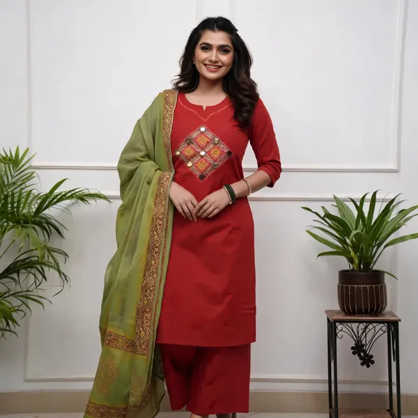 Mustard_Cotton_Embroidered_Kurti_Pant_With_Dupatta_For_Women
