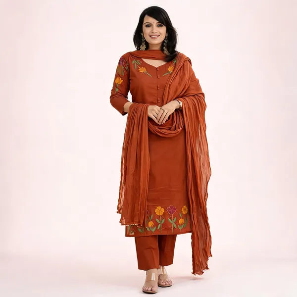 Maroon_Cotton_Handloom_Straight_Kurti_Pant_Dupatta_Set_For_Women