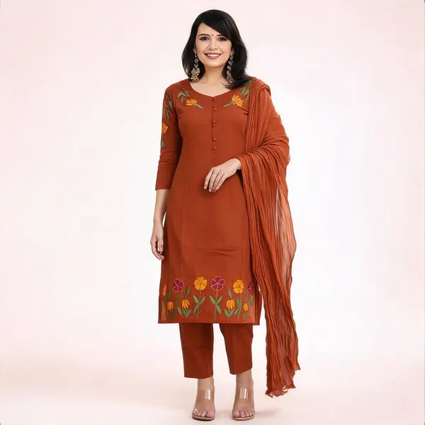 Maroon_Cotton_Handloom_Straight_Kurti_Pant_Dupatta_Set_For_Women