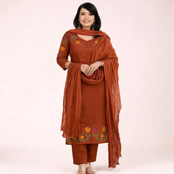 Orange_Cotton_Kurti_Pant_With_Dupatta_Set_For_Women