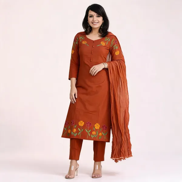 Orange_Cotton_Kurti_Pant_With_Dupatta_Set_For_Women