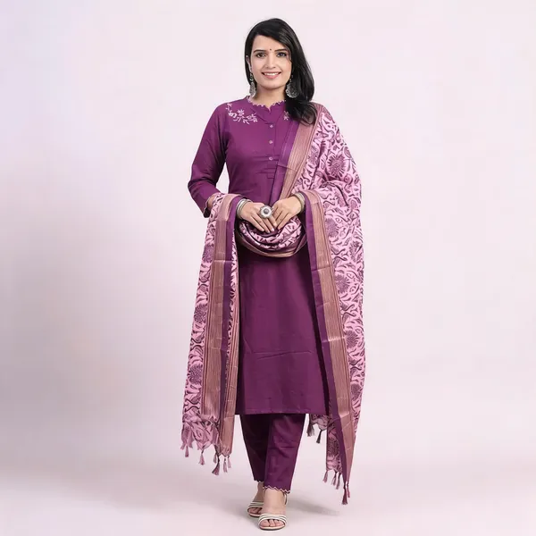 Purple_Cotton_Slub_Handloom_Straight_Kurta_Pant_Dupatta_Set_For_Women