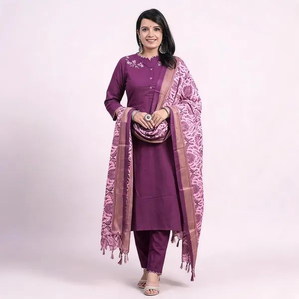 Purple_Cotton_Slub_Handloom_Straight_Kurta_Pant_Dupatta_Set_For_Women